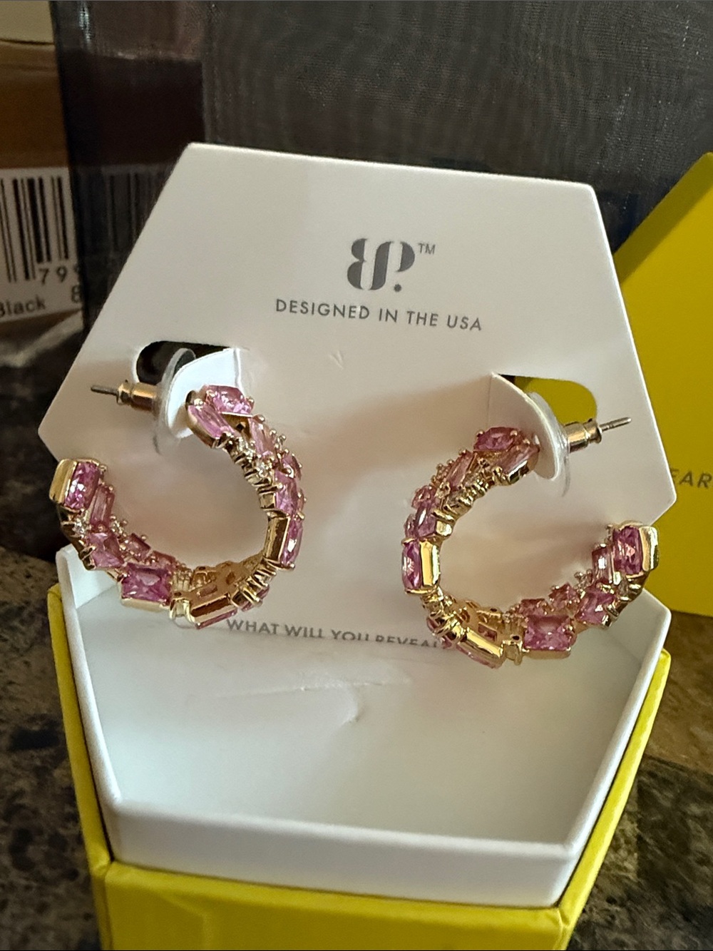 bp Gold Hoop Earrings with Pink Stones